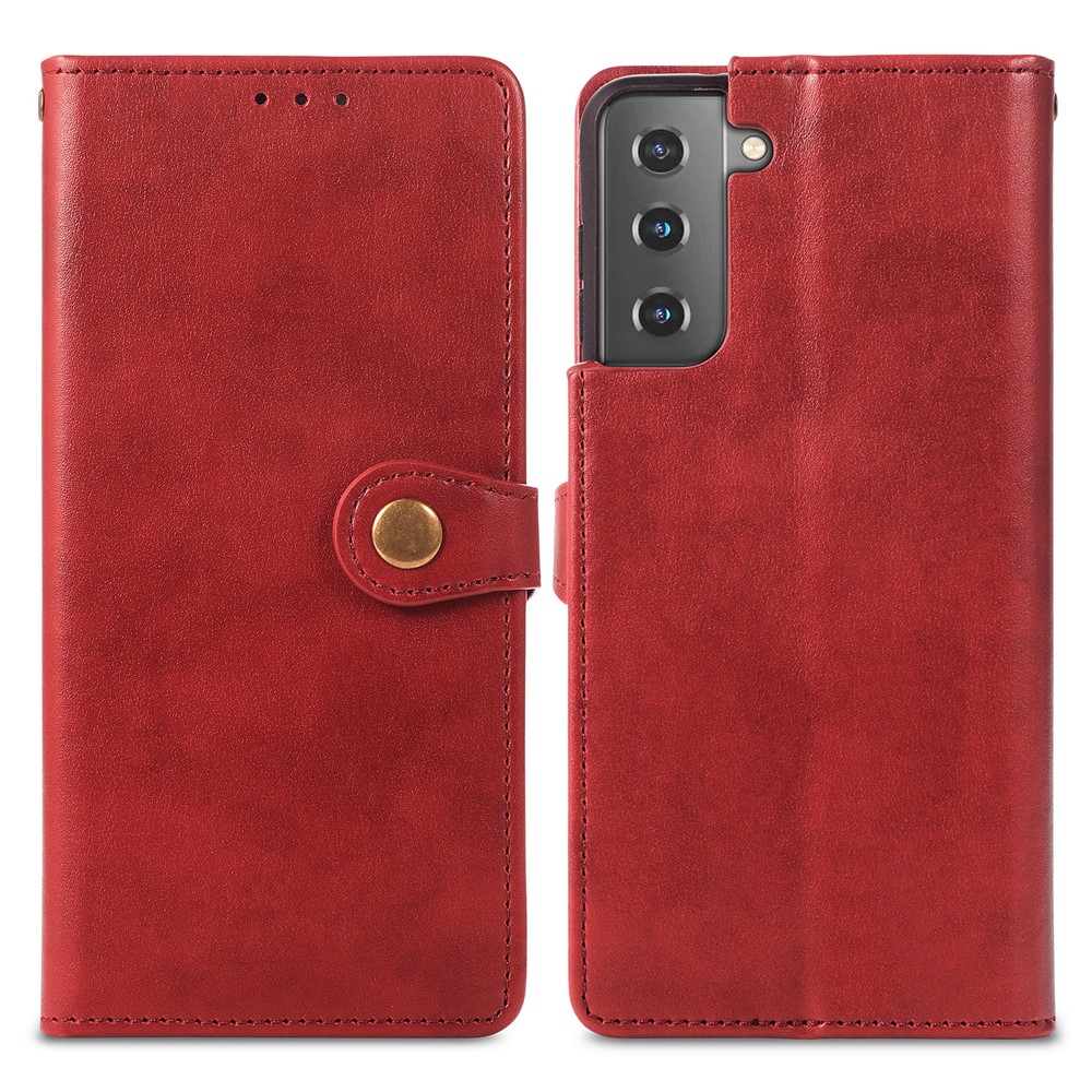 Drop-resistant Round Buckle Magnetic Flip PU Leather Stand Cover with Wallet Function and Strap for Samsung Galaxy S22 Plus - Red-1