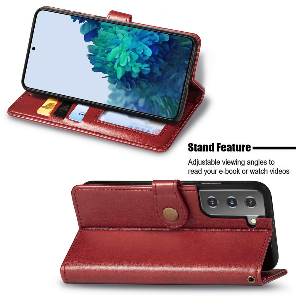 Drop-resistant Round Buckle Magnetic Flip PU Leather Stand Cover with Wallet Function and Strap for Samsung Galaxy S22 Plus - Red-5