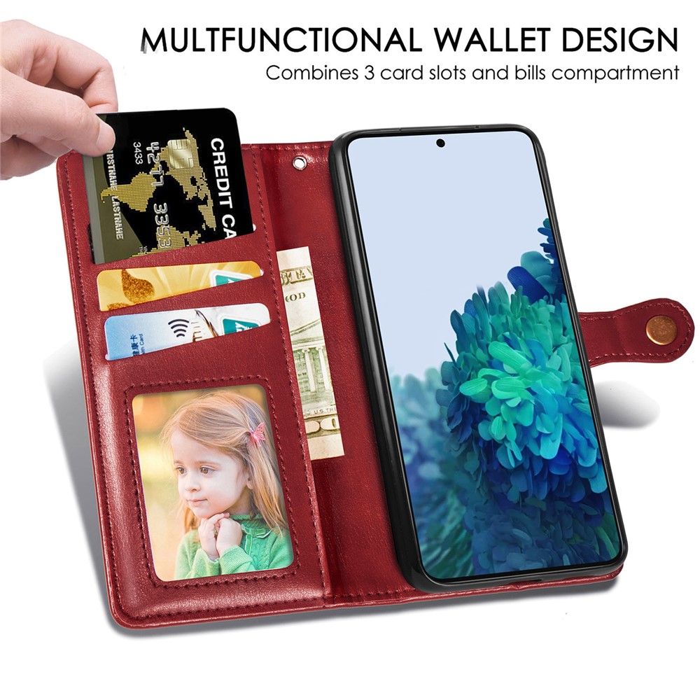 Drop-resistant Round Buckle Magnetic Flip PU Leather Stand Cover with Wallet Function and Strap for Samsung Galaxy S22 Plus - Red-6
