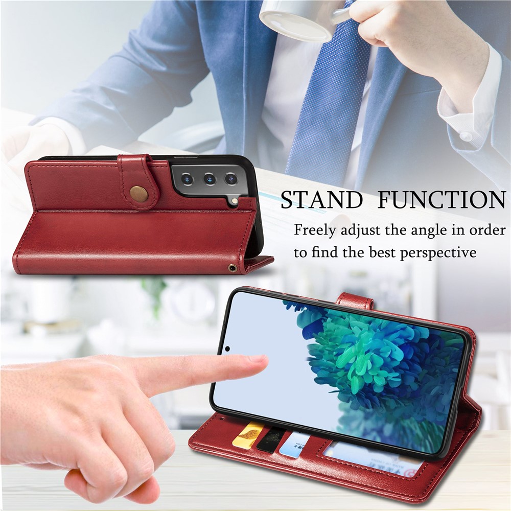 Drop-resistant Round Buckle Magnetic Flip PU Leather Stand Cover with Wallet Function and Strap for Samsung Galaxy S22 Plus - Red-9