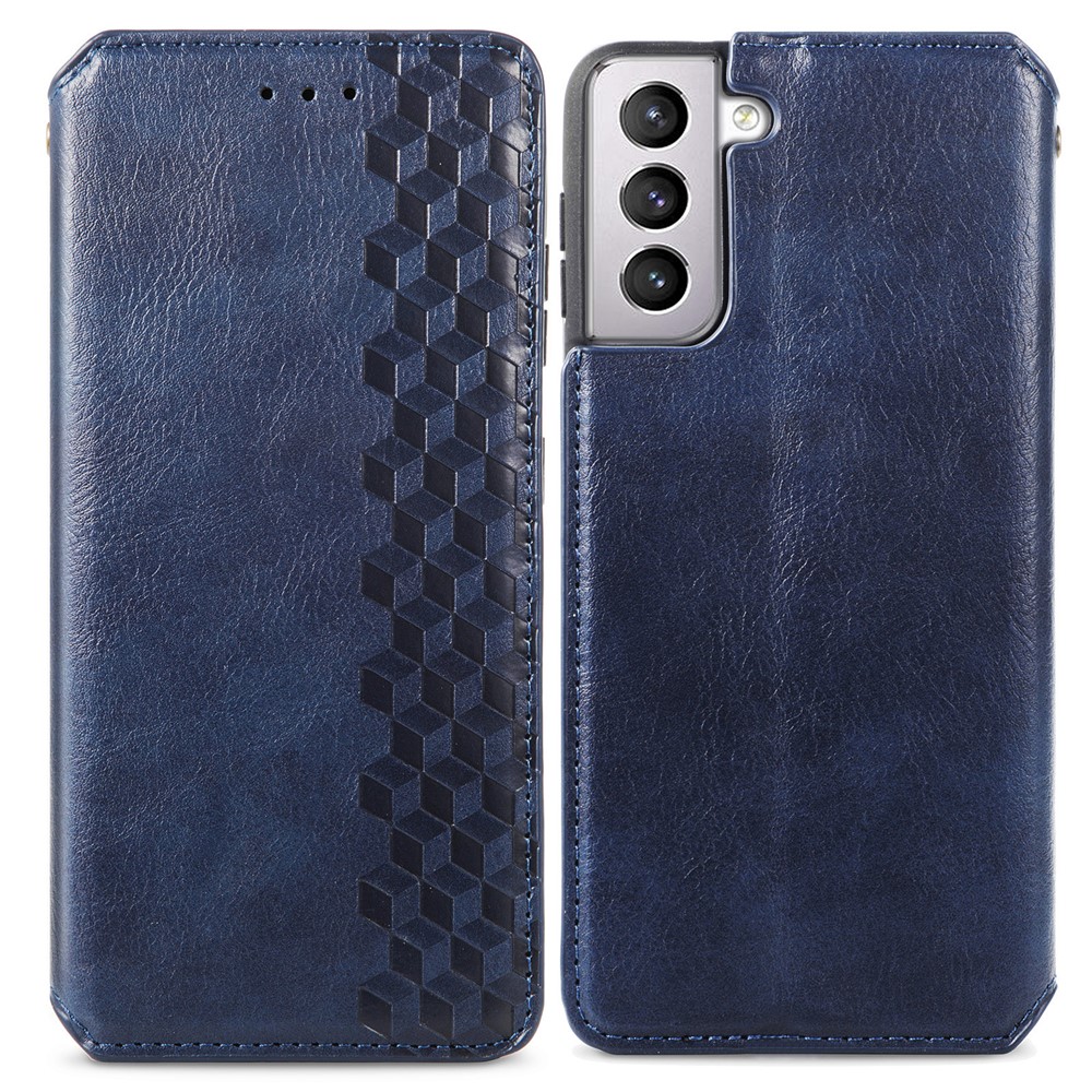 Auto-absorbed Imprinting Rhombus Stand Wallet Leather Cover Magnetic Phone Flip Case for Samsung Galaxy S22 Plus - Blue-1