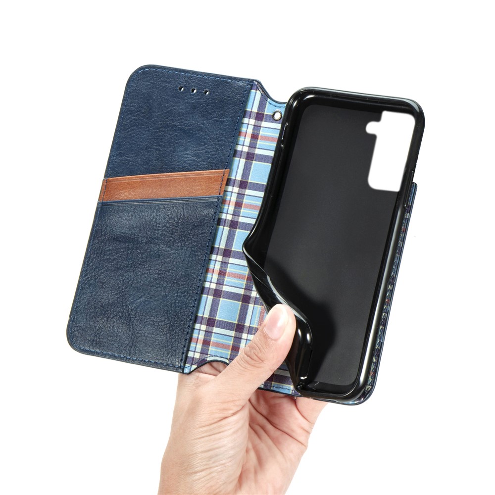 Auto-absorbed Imprinting Rhombus Stand Wallet Leather Cover Magnetic Phone Flip Case for Samsung Galaxy S22 Plus - Blue-10