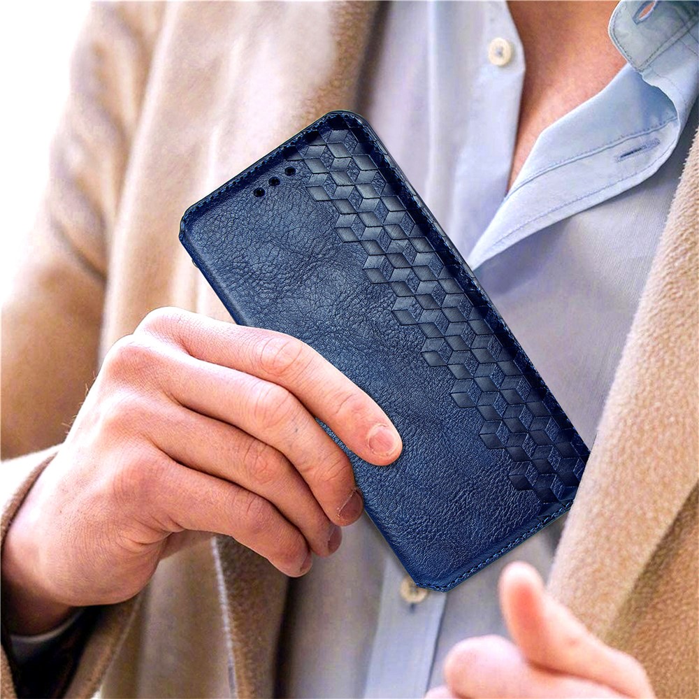 Auto-absorbed Imprinting Rhombus Stand Wallet Leather Cover Magnetic Phone Flip Case for Samsung Galaxy S22 Plus - Blue-11