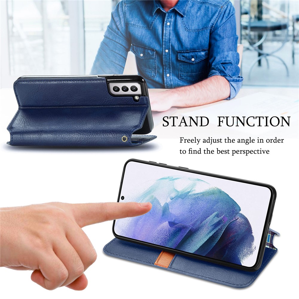 Auto-absorbed Imprinting Rhombus Stand Wallet Leather Cover Magnetic Phone Flip Case for Samsung Galaxy S22 Plus - Blue-2