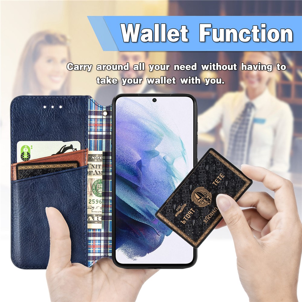 Auto-absorbed Imprinting Rhombus Stand Wallet Leather Cover Magnetic Phone Flip Case for Samsung Galaxy S22 Plus - Blue-3