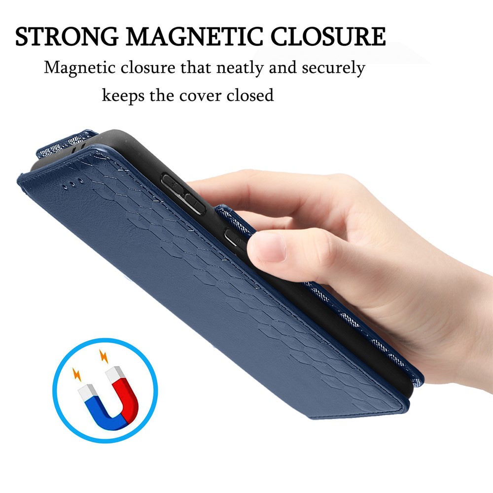 Auto-absorbed Imprinting Rhombus Stand Wallet Leather Cover Magnetic Phone Flip Case for Samsung Galaxy S22 Plus - Blue-4
