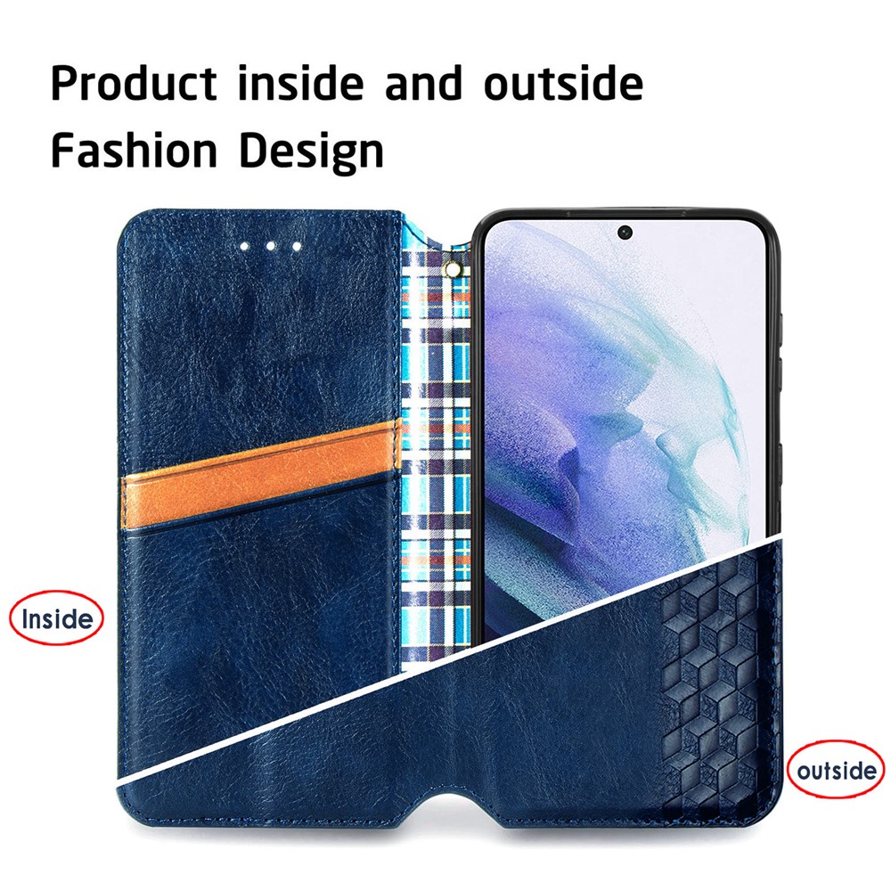 Auto-absorbed Imprinting Rhombus Stand Wallet Leather Cover Magnetic Phone Flip Case for Samsung Galaxy S22 Plus - Blue-5