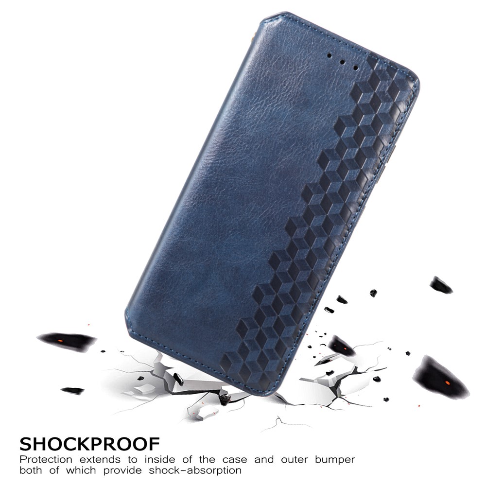 Auto-absorbed Imprinting Rhombus Stand Wallet Leather Cover Magnetic Phone Flip Case for Samsung Galaxy S22 Plus - Blue-6