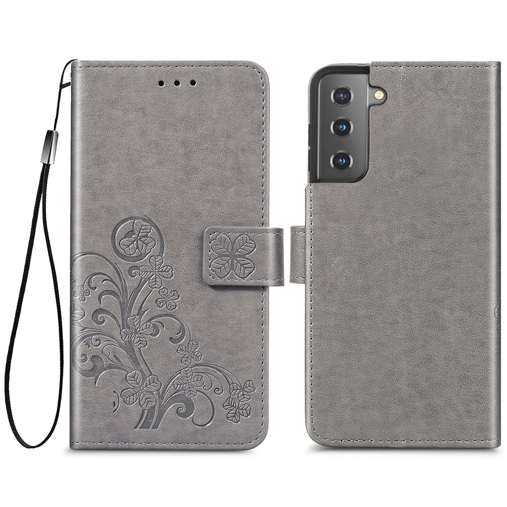 Four-leaf Clover Imprinting Leather Wallet Flip Case Stand Bookstyle Magnetic Protective Cover with Strap for Samsung Galaxy S22 Plus - Grey-1