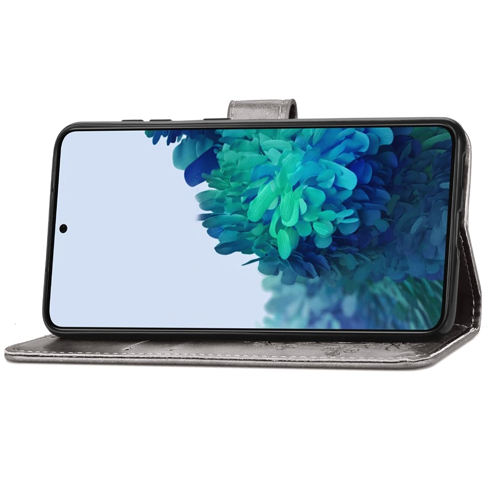 Four-leaf Clover Imprinting Leather Wallet Flip Case Stand Bookstyle Magnetic Protective Cover with Strap for Samsung Galaxy S22 Plus - Grey-12