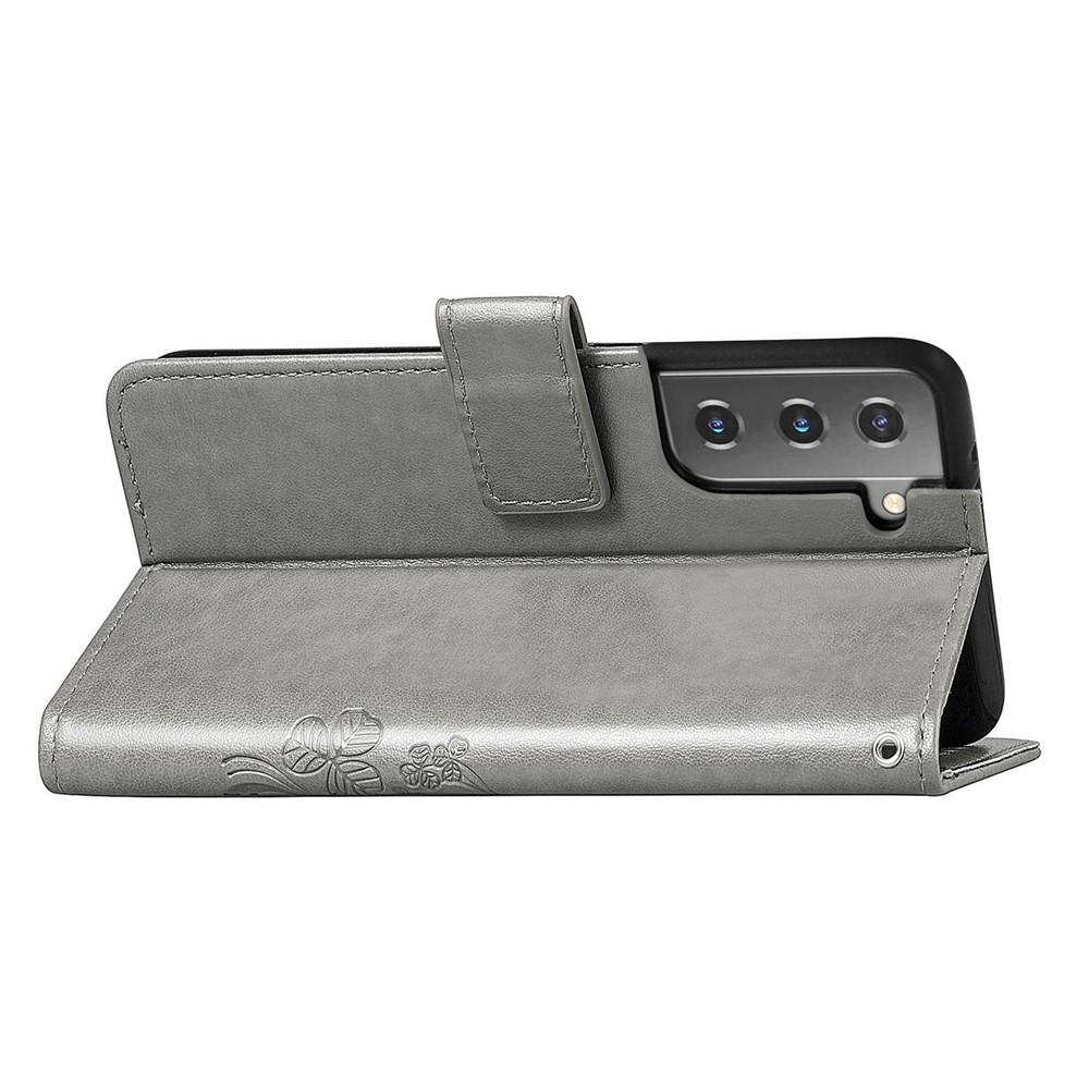 Four-leaf Clover Imprinting Leather Wallet Flip Case Stand Bookstyle Magnetic Protective Cover with Strap for Samsung Galaxy S22 Plus - Grey-13