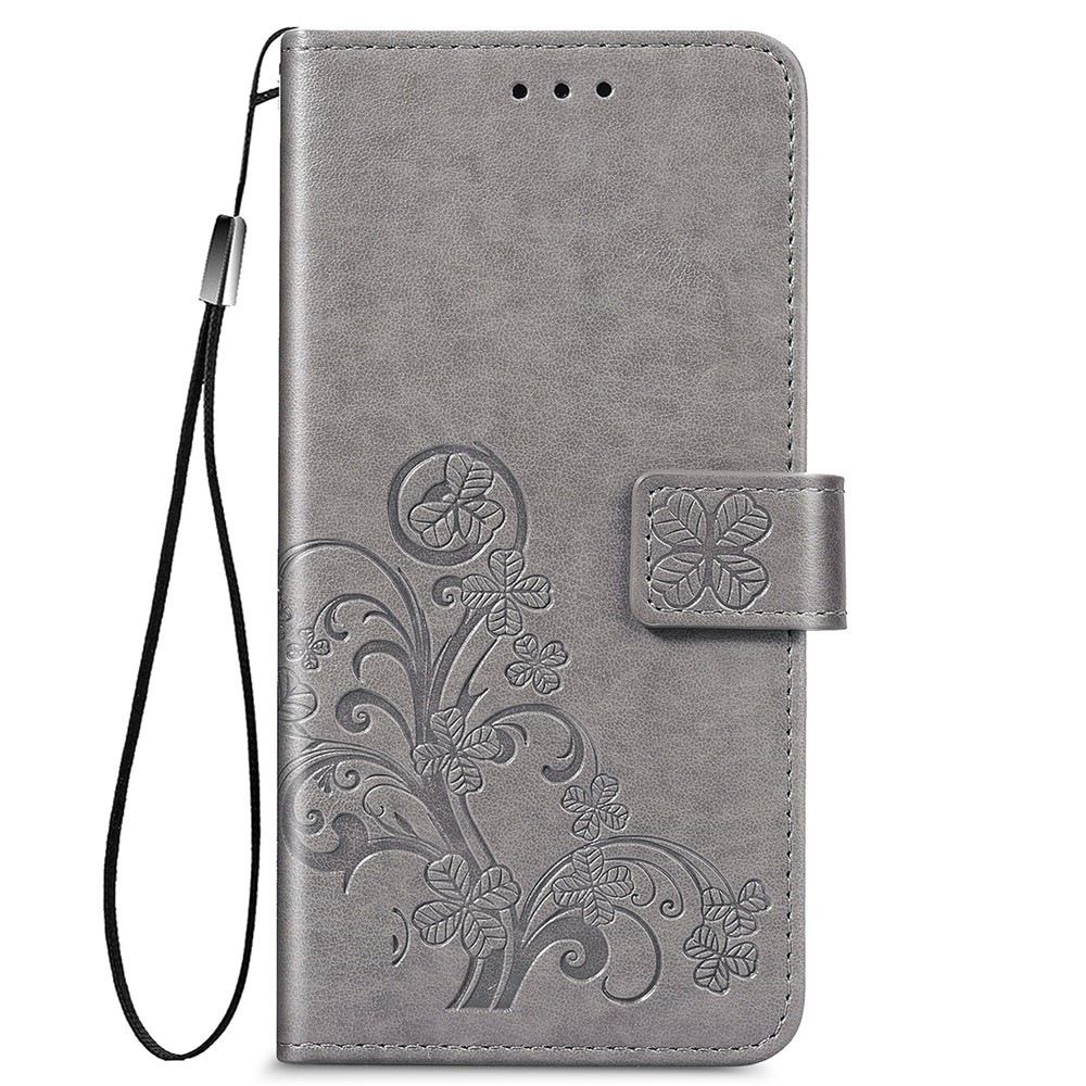Four-leaf Clover Imprinting Leather Wallet Flip Case Stand Bookstyle Magnetic Protective Cover with Strap for Samsung Galaxy S22 Plus - Grey-14