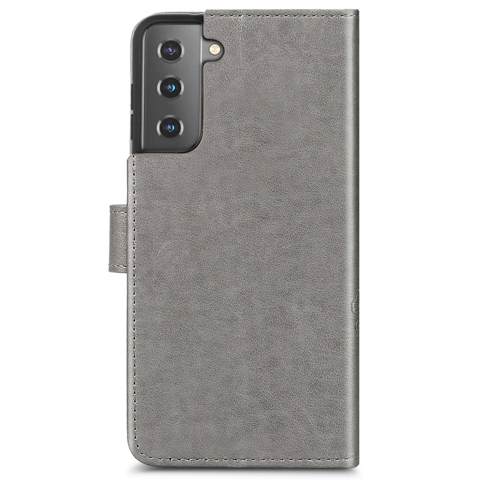 Four-leaf Clover Imprinting Leather Wallet Flip Case Stand Bookstyle Magnetic Protective Cover with Strap for Samsung Galaxy S22 Plus - Grey-15