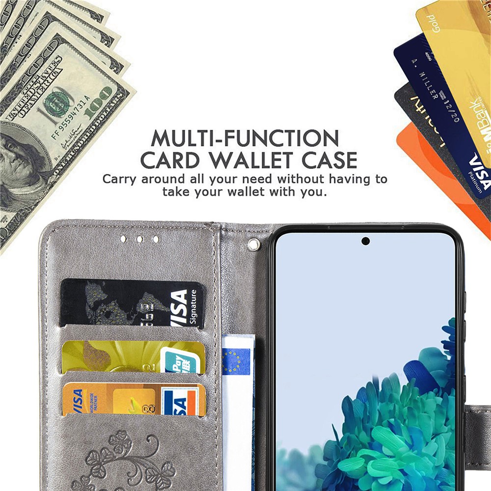 Four-leaf Clover Imprinting Leather Wallet Flip Case Stand Bookstyle Magnetic Protective Cover with Strap for Samsung Galaxy S22 Plus - Grey-7