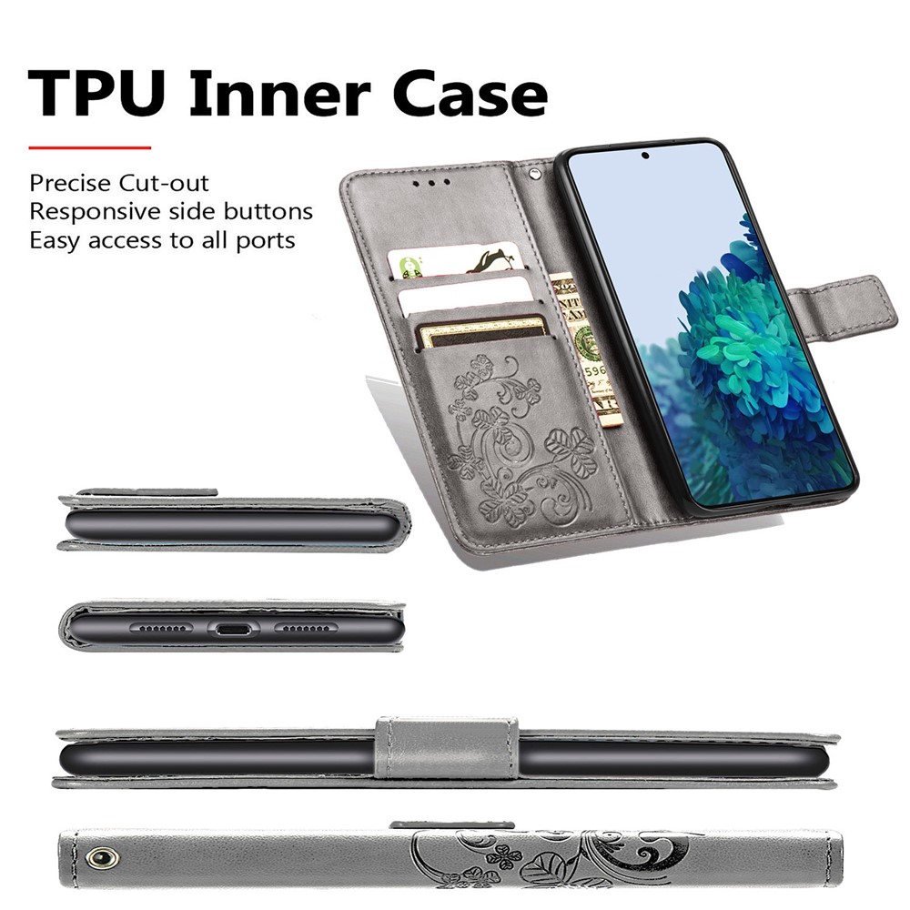 Four-leaf Clover Imprinting Leather Wallet Flip Case Stand Bookstyle Magnetic Protective Cover with Strap for Samsung Galaxy S22 Plus - Grey-9