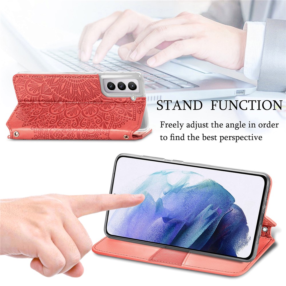 Imprinted Mandala Pattern Wallet Case Stand PU Leather Auto Closing Magnetic Flip Cover for Samsung Galaxy S22 Plus - Red-2