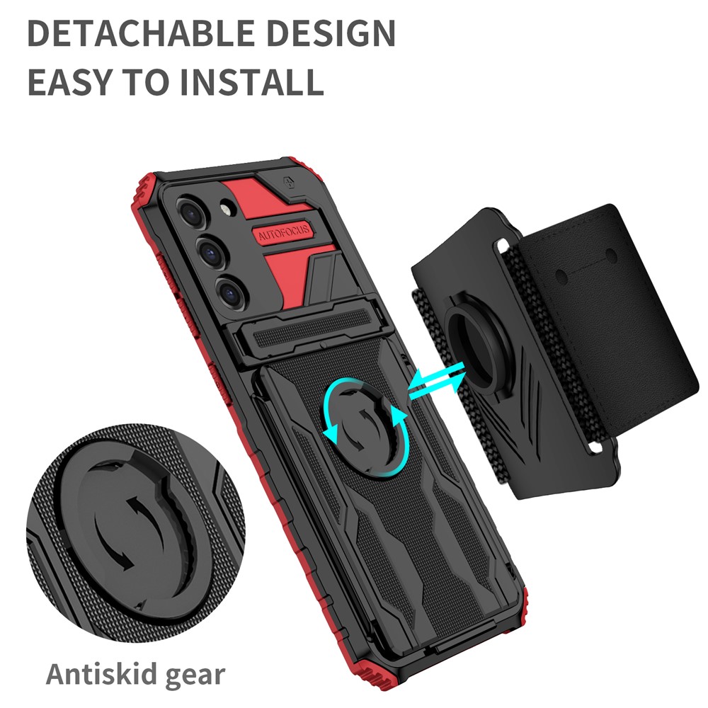 For Samsung Galaxy S21 5G Sports Phone Case Hard PC + Soft TPU Phone Cover Adjustable Wristband Design Dual Layer Hybrid Phone Shell with Kickstand - Red-2