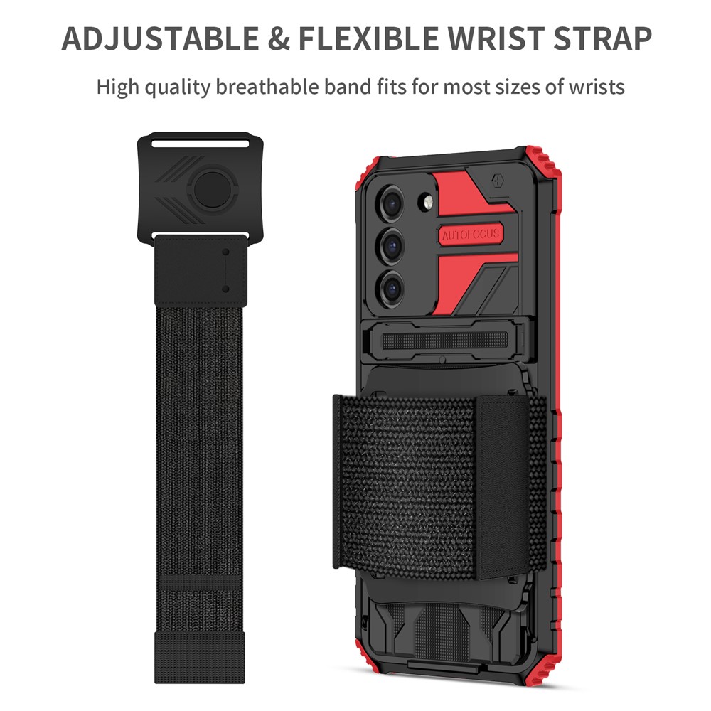 For Samsung Galaxy S21 5G Sports Phone Case Hard PC + Soft TPU Phone Cover Adjustable Wristband Design Dual Layer Hybrid Phone Shell with Kickstand - Red-3