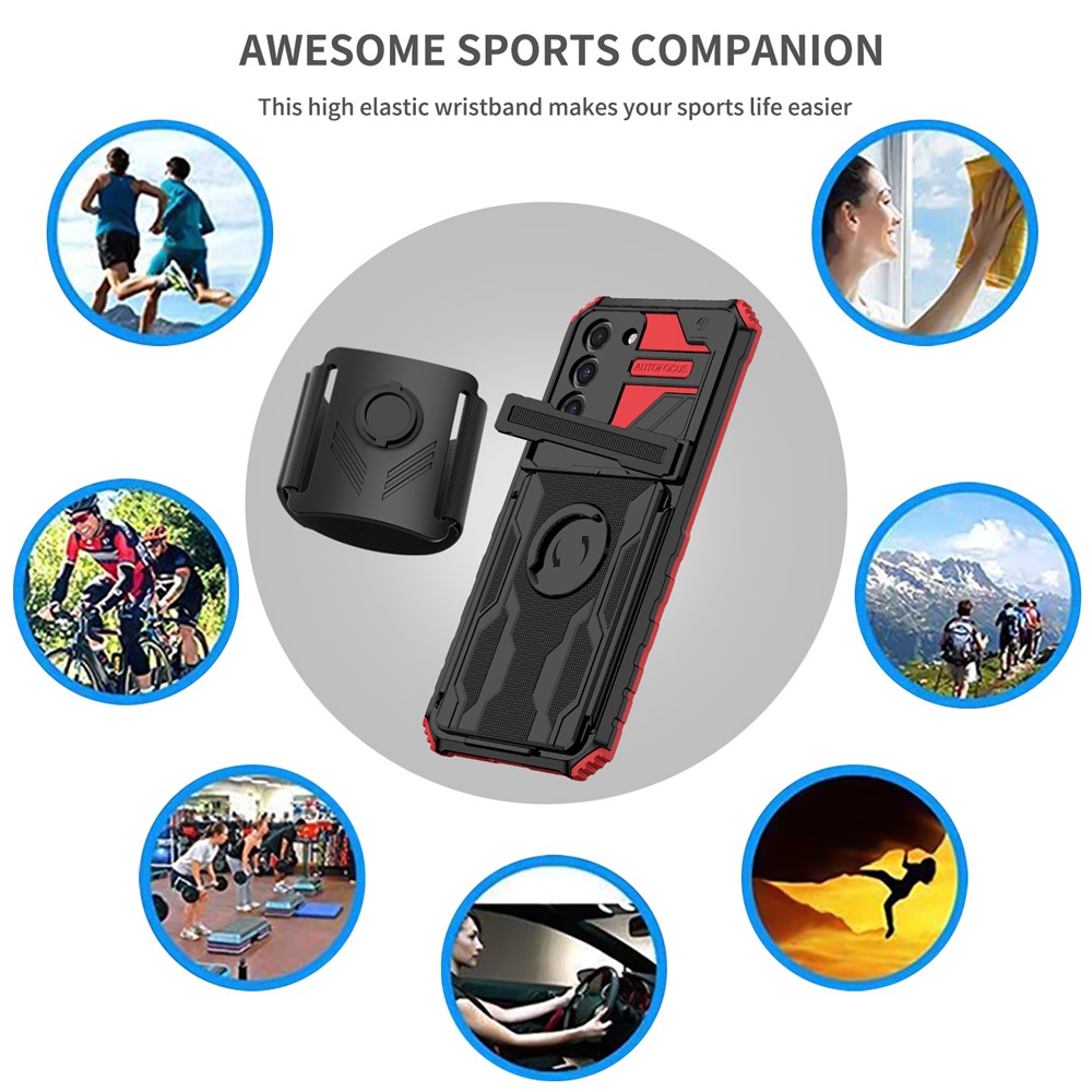 For Samsung Galaxy S21 5G Sports Phone Case Hard PC + Soft TPU Phone Cover Adjustable Wristband Design Dual Layer Hybrid Phone Shell with Kickstand - Red-6