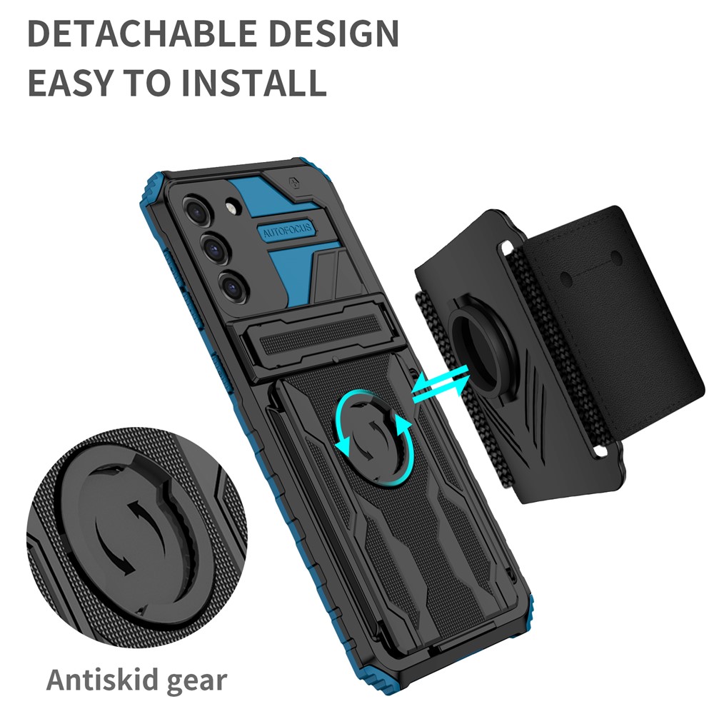 Hands-free Kickstand Hard PC + Soft TPU Phone Cover Adjustable Wristband Design Dual Layer Hybrid Phone Case for Samsung Galaxy S21+ 5G - Blue-2