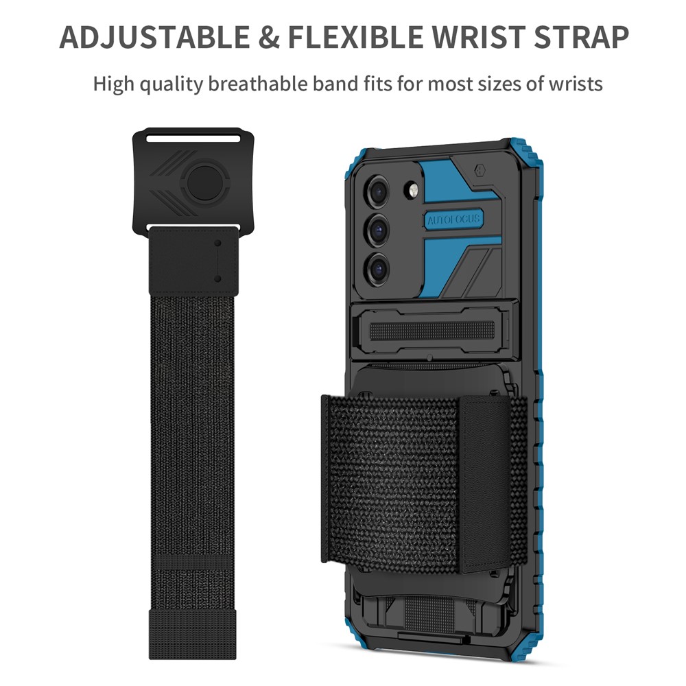Hands-free Kickstand Hard PC + Soft TPU Phone Cover Adjustable Wristband Design Dual Layer Hybrid Phone Case for Samsung Galaxy S21+ 5G - Blue-3