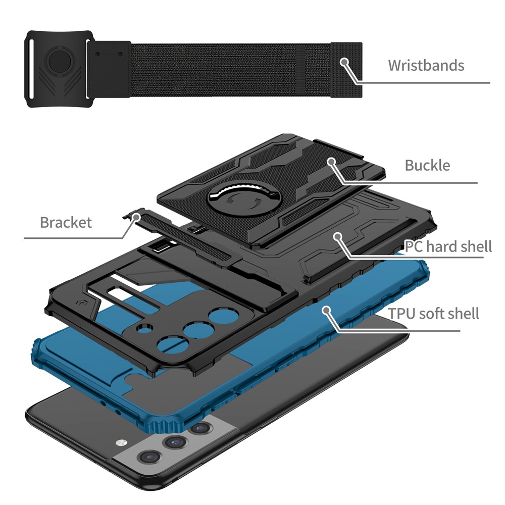 Hands-free Kickstand Hard PC + Soft TPU Phone Cover Adjustable Wristband Design Dual Layer Hybrid Phone Case for Samsung Galaxy S21+ 5G - Blue-4