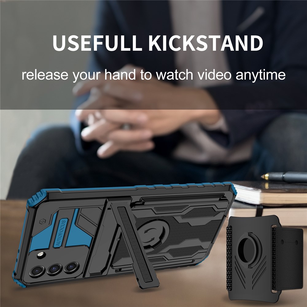 Hands-free Kickstand Hard PC + Soft TPU Phone Cover Adjustable Wristband Design Dual Layer Hybrid Phone Case for Samsung Galaxy S21+ 5G - Blue-5