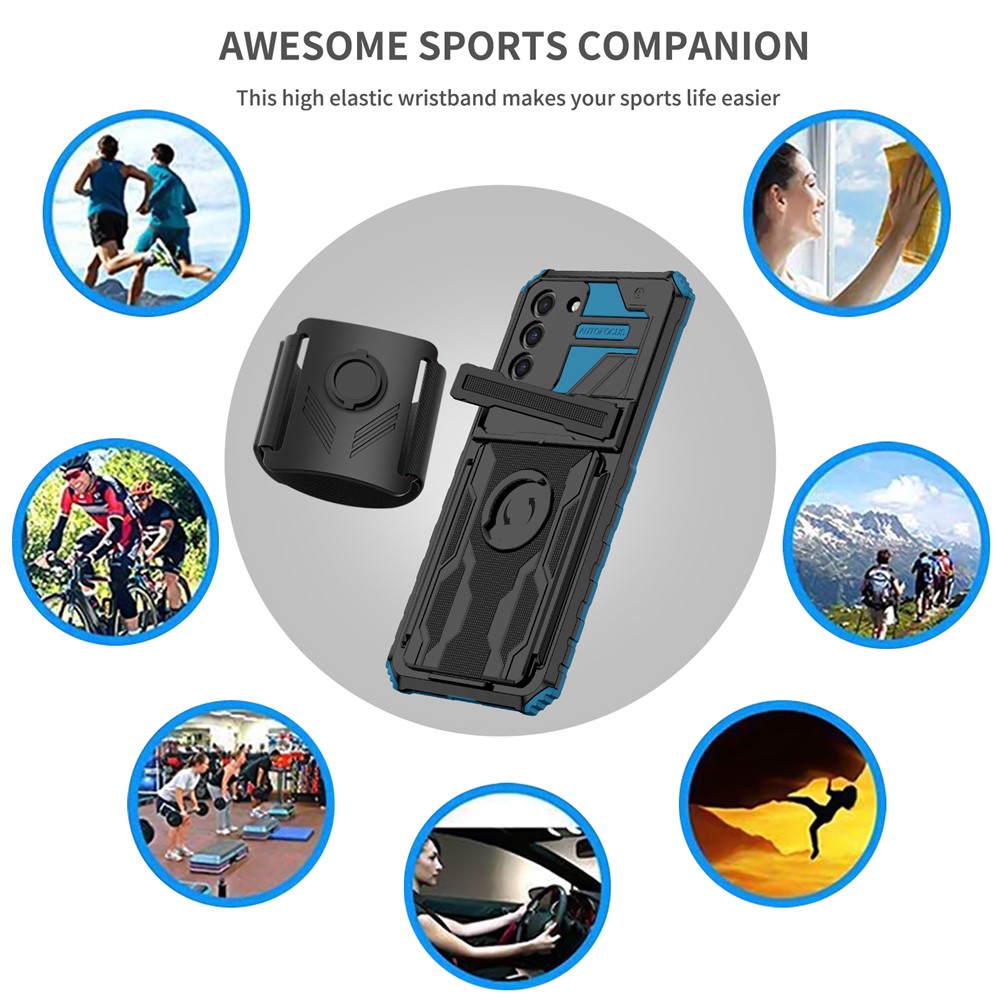 Hands-free Kickstand Hard PC + Soft TPU Phone Cover Adjustable Wristband Design Dual Layer Hybrid Phone Case for Samsung Galaxy S21+ 5G - Blue-6