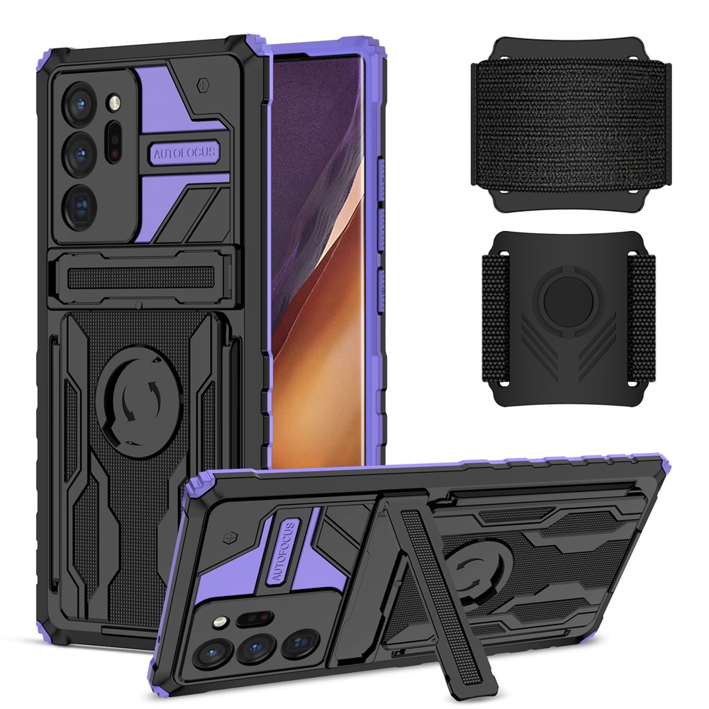 Adjustable Wristband Hard PC + Soft TPU Phone Back Case Dual Layer Hybrid Phone Cover with Kickstand for Samsung Galaxy Note20 Ultra - Purple-1
