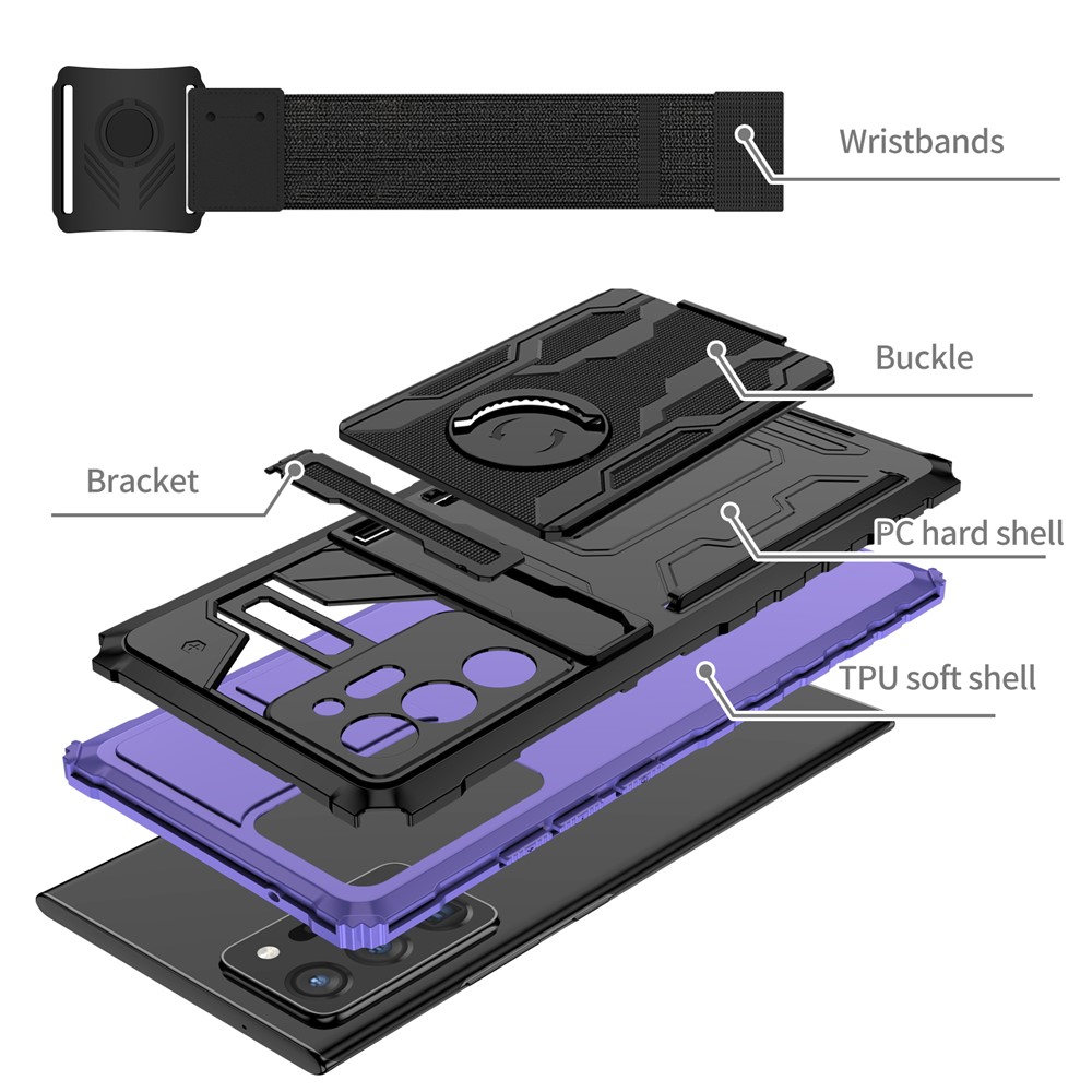 Adjustable Wristband Hard PC + Soft TPU Phone Back Case Dual Layer Hybrid Phone Cover with Kickstand for Samsung Galaxy Note20 Ultra - Purple-4