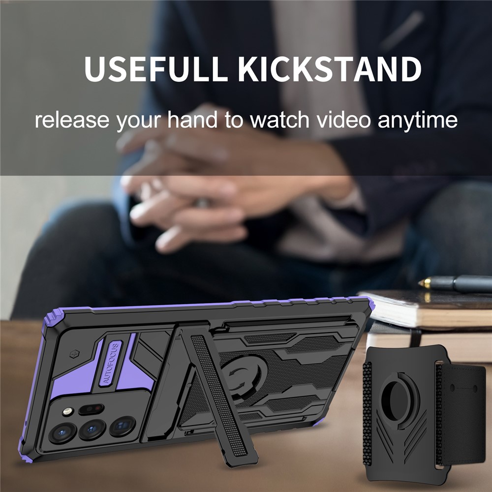 Adjustable Wristband Hard PC + Soft TPU Phone Back Case Dual Layer Hybrid Phone Cover with Kickstand for Samsung Galaxy Note20 Ultra - Purple-5