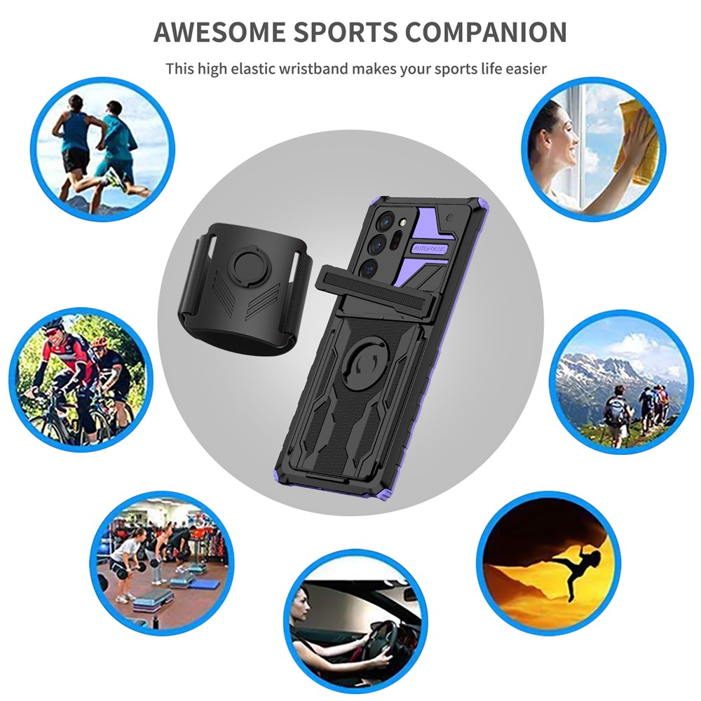 Adjustable Wristband Hard PC + Soft TPU Phone Back Case Dual Layer Hybrid Phone Cover with Kickstand for Samsung Galaxy Note20 Ultra - Purple-6