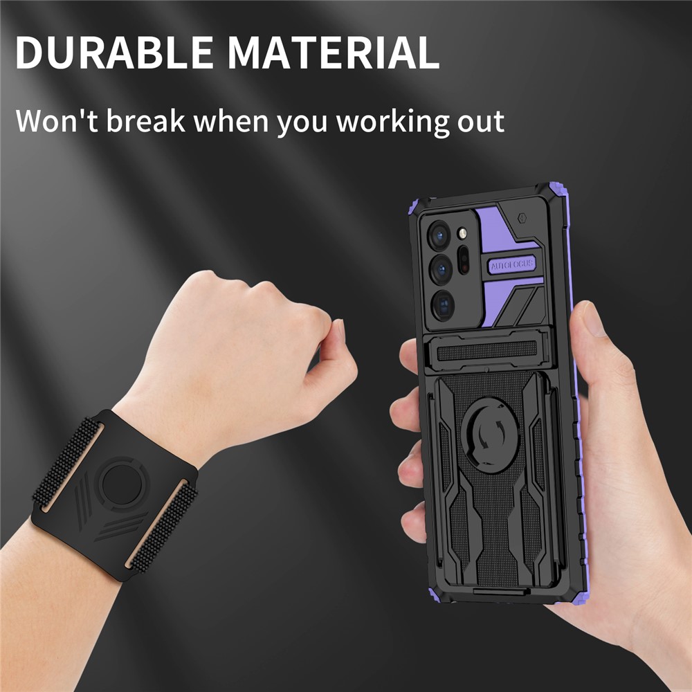 Adjustable Wristband Hard PC + Soft TPU Phone Back Case Dual Layer Hybrid Phone Cover with Kickstand for Samsung Galaxy Note20 Ultra - Purple-7