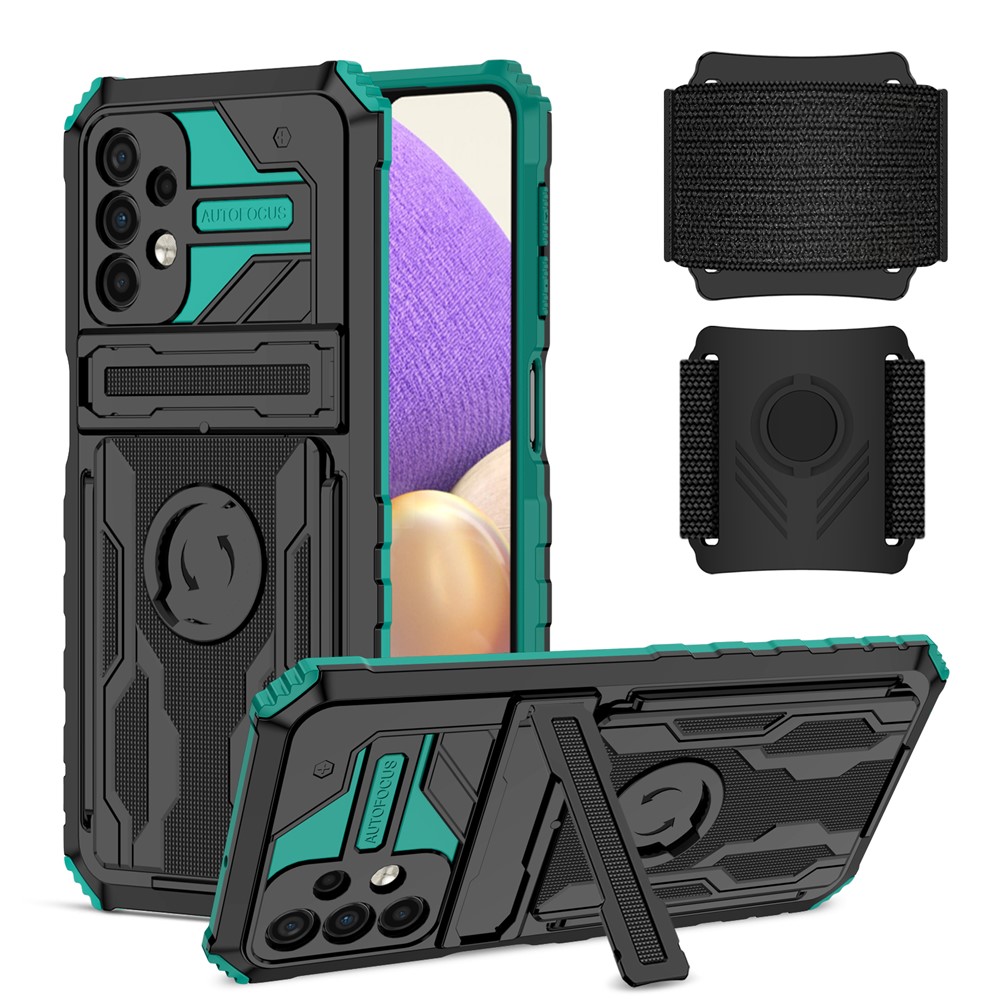 Anti-scratch Hard PC + Soft TPU Phone Cover Adjustable Wristband Design Hybrid Phone Case with Kickstand for Samsung Galaxy A32 5G - Blackish Green-1