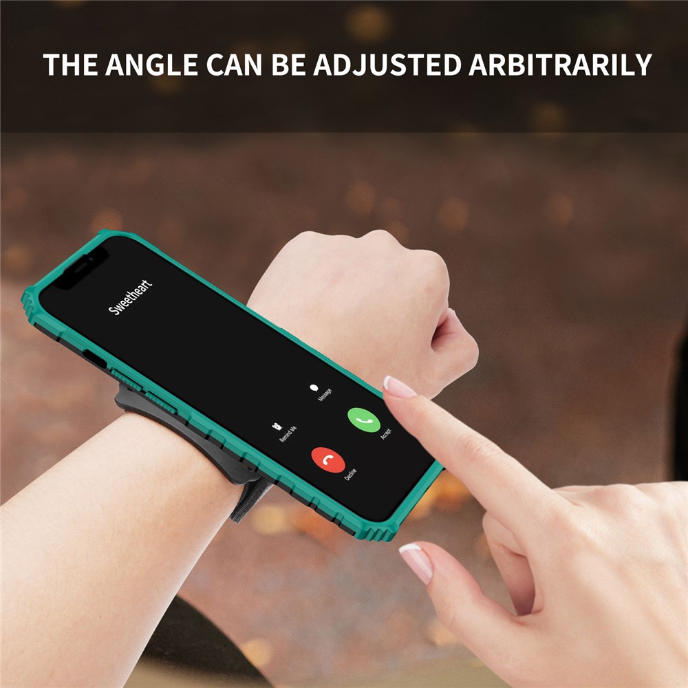 Anti-scratch Hard PC + Soft TPU Phone Cover Adjustable Wristband Design Hybrid Phone Case with Kickstand for Samsung Galaxy A32 5G - Blackish Green-10