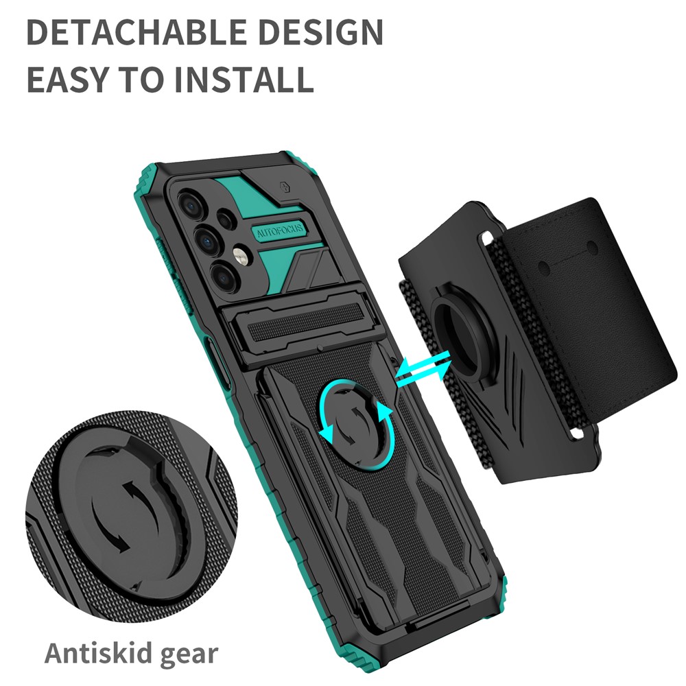 Anti-scratch Hard PC + Soft TPU Phone Cover Adjustable Wristband Design Hybrid Phone Case with Kickstand for Samsung Galaxy A32 5G - Blackish Green-2