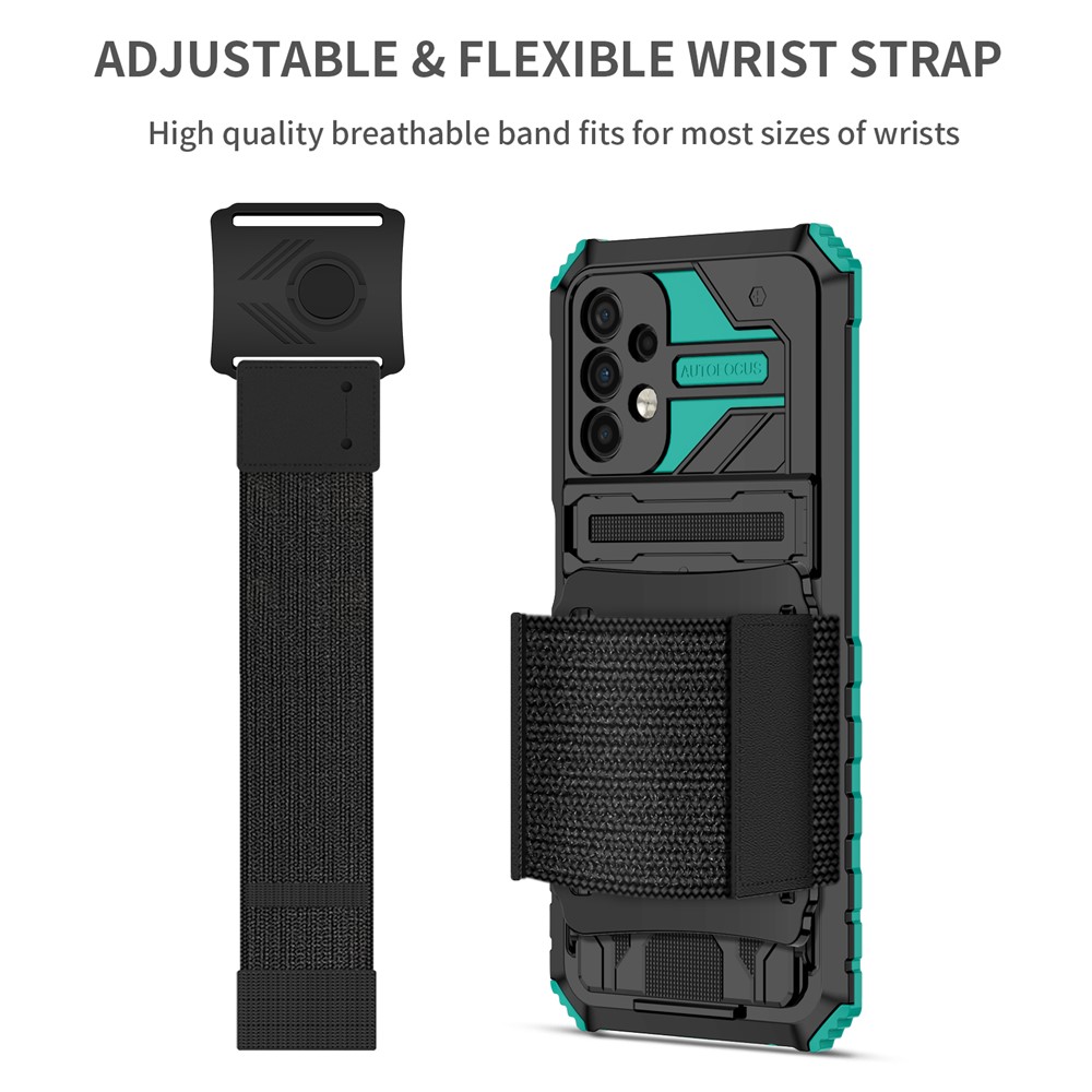 Anti-scratch Hard PC + Soft TPU Phone Cover Adjustable Wristband Design Hybrid Phone Case with Kickstand for Samsung Galaxy A32 5G - Blackish Green-3