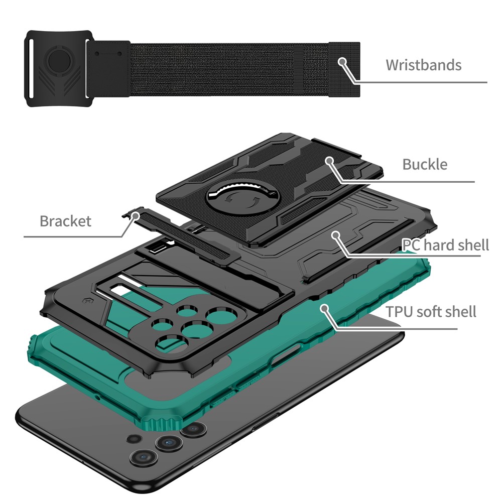 Anti-scratch Hard PC + Soft TPU Phone Cover Adjustable Wristband Design Hybrid Phone Case with Kickstand for Samsung Galaxy A32 5G - Blackish Green-4