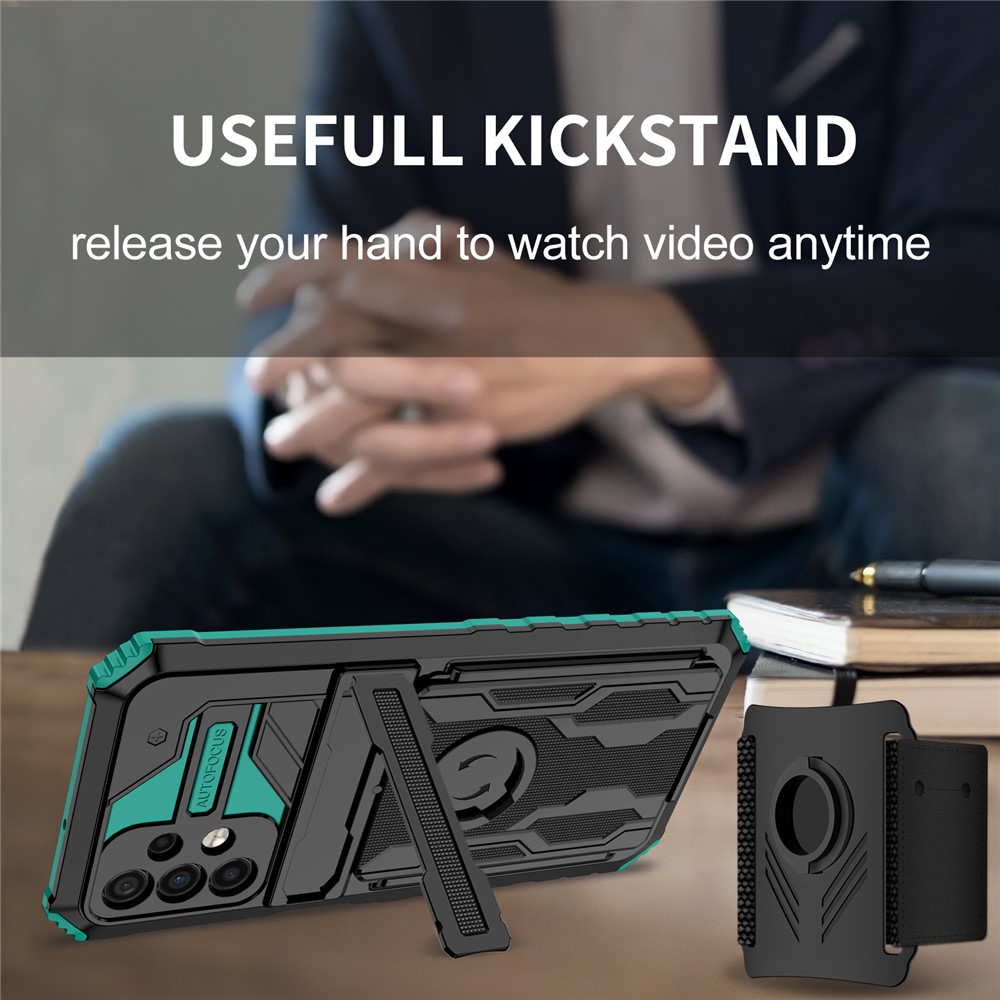 Anti-scratch Hard PC + Soft TPU Phone Cover Adjustable Wristband Design Hybrid Phone Case with Kickstand for Samsung Galaxy A32 5G - Blackish Green-5