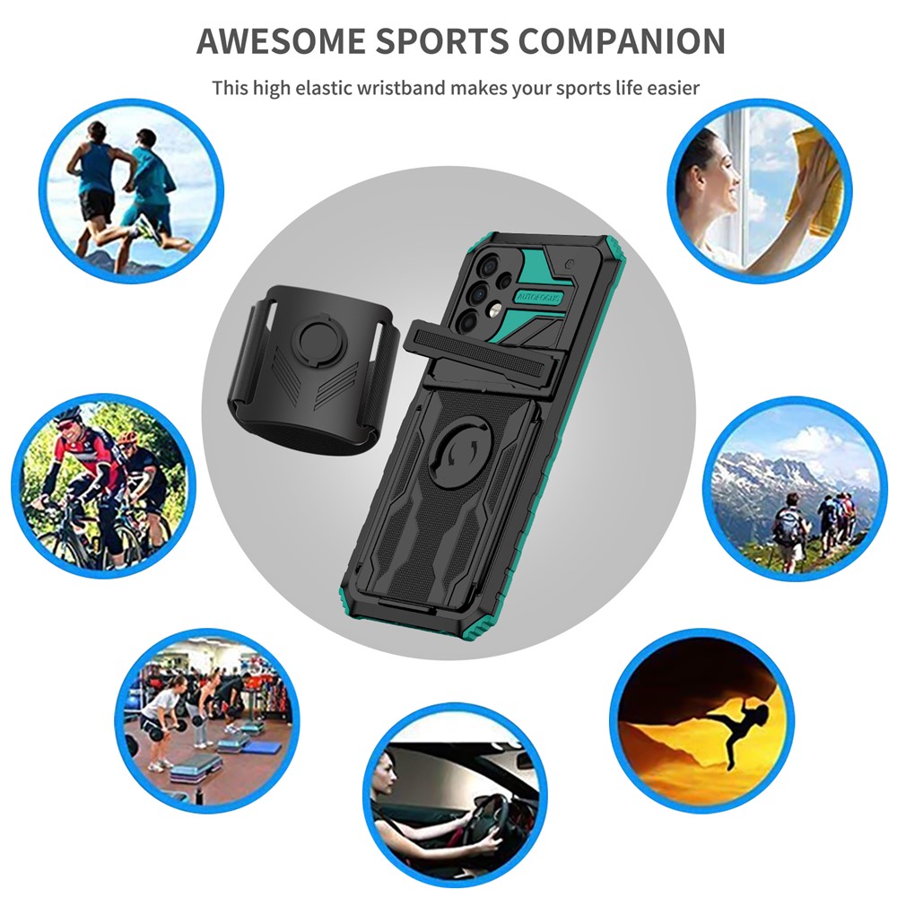 Anti-scratch Hard PC + Soft TPU Phone Cover Adjustable Wristband Design Hybrid Phone Case with Kickstand for Samsung Galaxy A32 5G - Blackish Green-6
