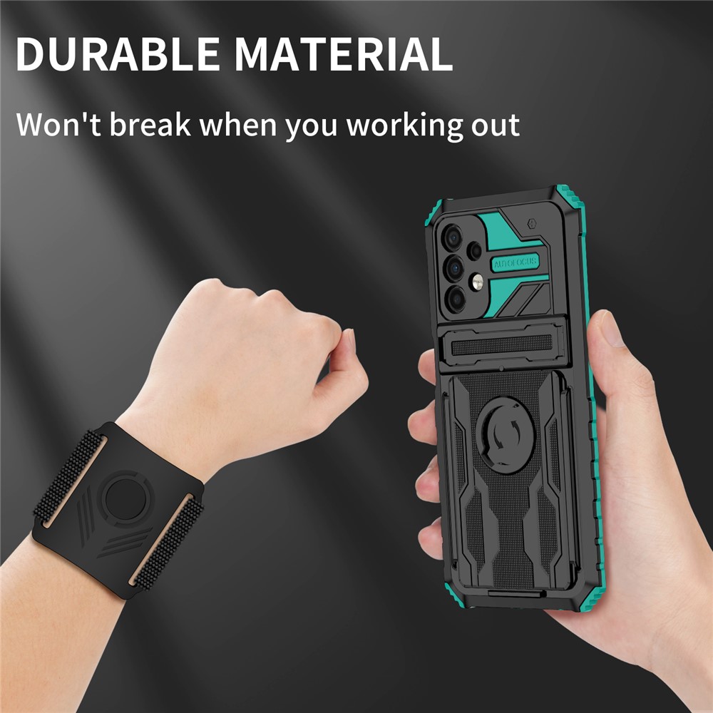 Anti-scratch Hard PC + Soft TPU Phone Cover Adjustable Wristband Design Hybrid Phone Case with Kickstand for Samsung Galaxy A32 5G - Blackish Green-7