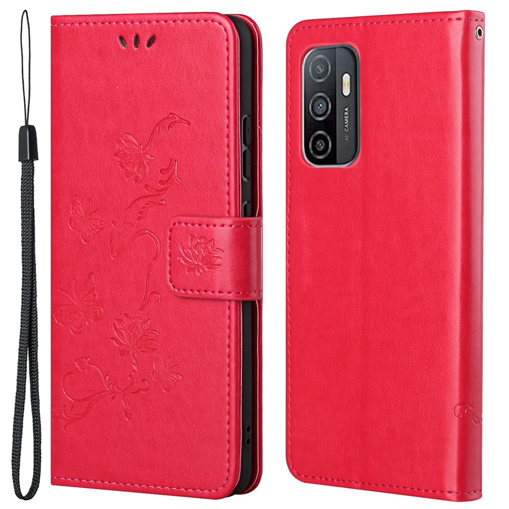 Imprinted Butterflies Flower Wallet Function Phone Case PU Leather Protective Phone Stand Shell for Samsung Galaxy A53 5G - Red-1