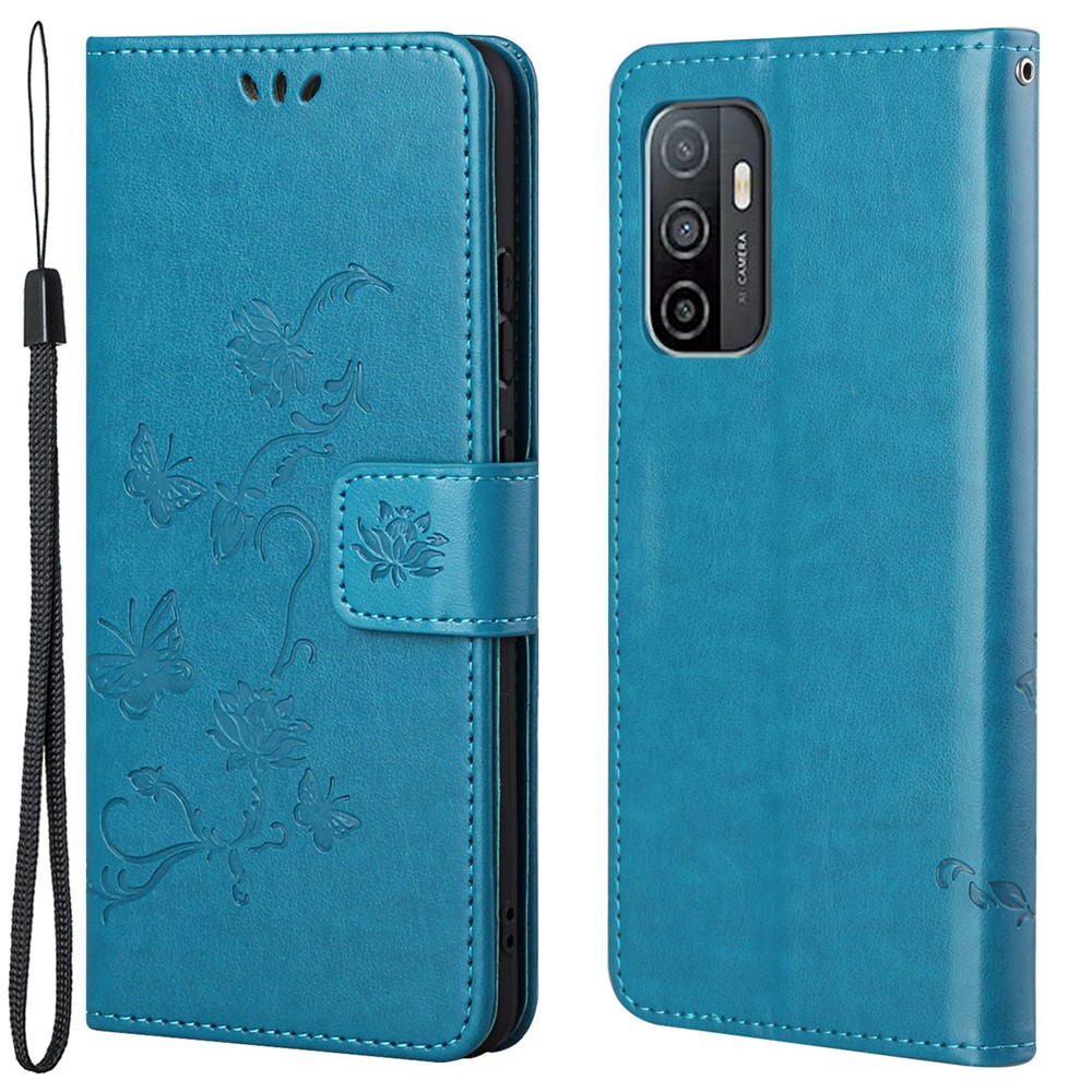 Practical Wallet Function Phone Case Imprinted Butterflies Flower Anti-fall PU Leather Protective Phone Stand Shell for Samsung Galaxy A33 5G - Blue-1