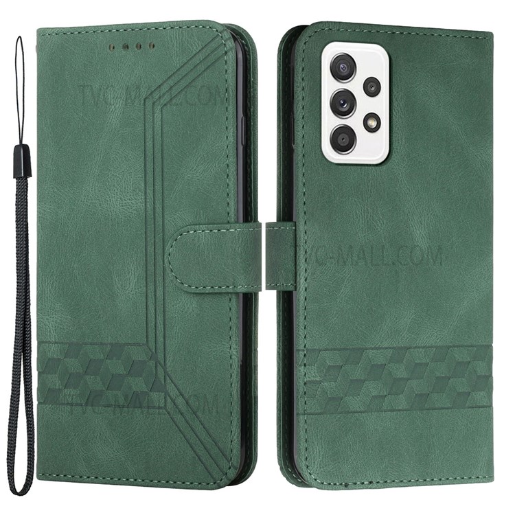 YX0010 Rhombus Lines Imprinting Skin-touch Feel Leather Case Cover with Wallet Stand Feature for Samsung Galaxy A52 4G/5G/A52s 5G - Green-1