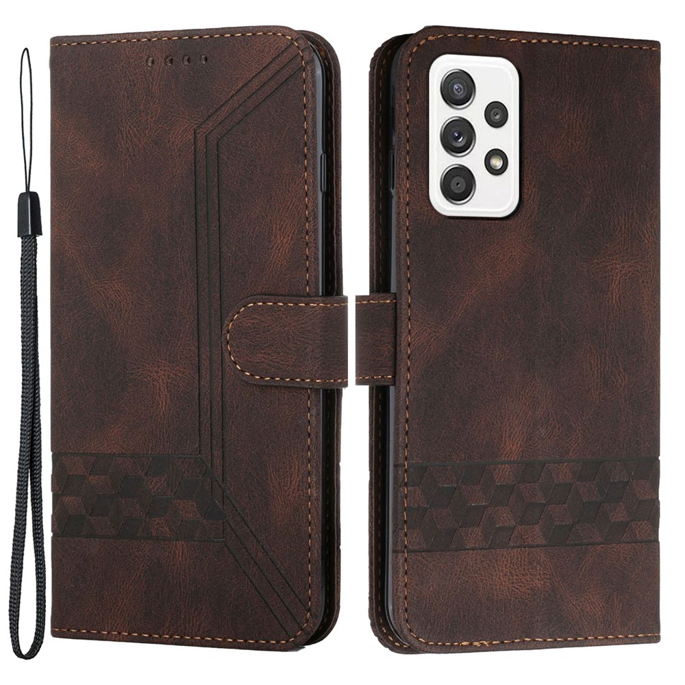 YX0010 Anti-scratch Rhombus Lines Imprinting Skin-touch Feel Leather Case Cover with Wallet Stand Feature for Samsung Galaxy A72 4G/5G - Brown-1