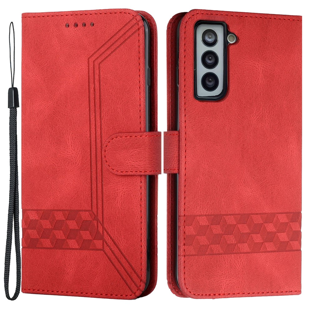YX0010 Fully Wrapped Rhombus Lines Imprinting Skin-touch Feel Leather Case Cover with Wallet Stand Feature for Samsung Galaxy S21 FE 5G - Red-1