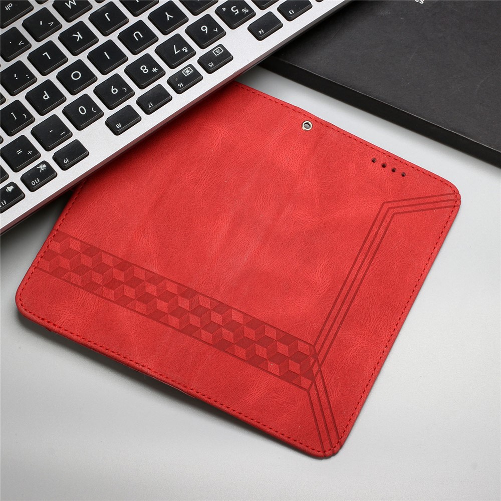 YX0010 Fully Wrapped Rhombus Lines Imprinting Skin-touch Feel Leather Case Cover with Wallet Stand Feature for Samsung Galaxy S21 FE 5G - Red-10
