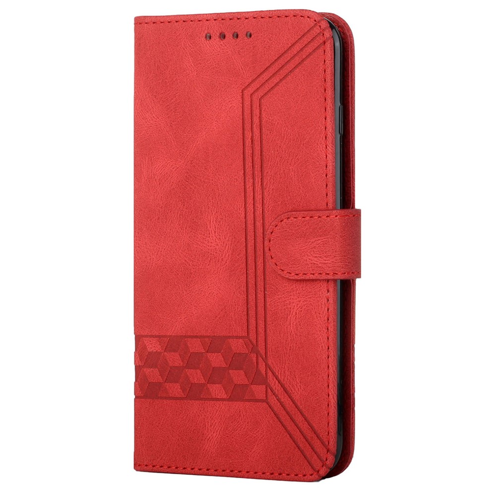 YX0010 Fully Wrapped Rhombus Lines Imprinting Skin-touch Feel Leather Case Cover with Wallet Stand Feature for Samsung Galaxy S21 FE 5G - Red-2