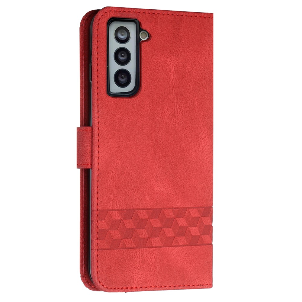 YX0010 Fully Wrapped Rhombus Lines Imprinting Skin-touch Feel Leather Case Cover with Wallet Stand Feature for Samsung Galaxy S21 FE 5G - Red-3