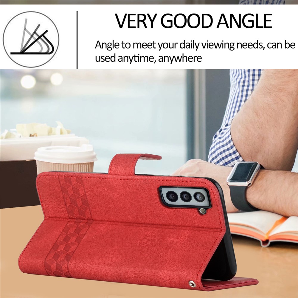 YX0010 Fully Wrapped Rhombus Lines Imprinting Skin-touch Feel Leather Case Cover with Wallet Stand Feature for Samsung Galaxy S21 FE 5G - Red-5